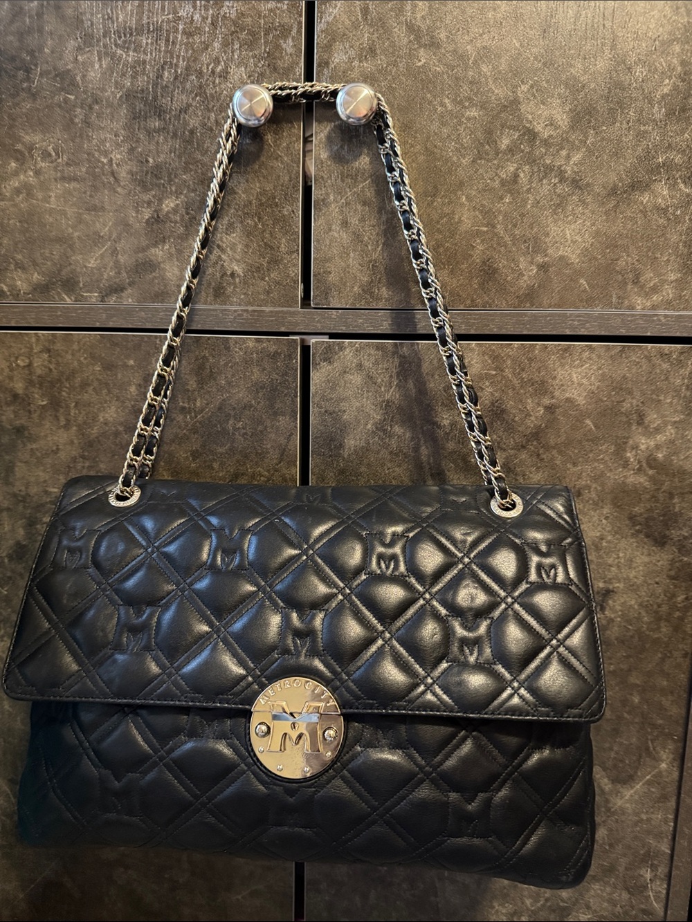 Black Quilted Shoulder Bag with Chain Strap